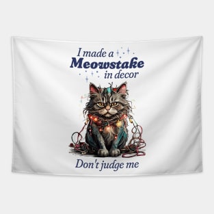 Funny Christmas Cat Tangled in Lights, Meowstake in Decor Tapestry