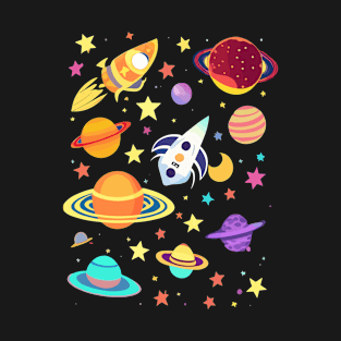 Two Funny Rockets In Space. Planets And Stars T-Shirt