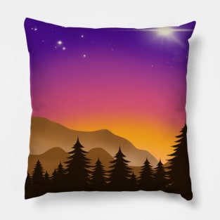 Midnight Purple Sky with Glowing Stars and Pine Trees Landscape Pillow