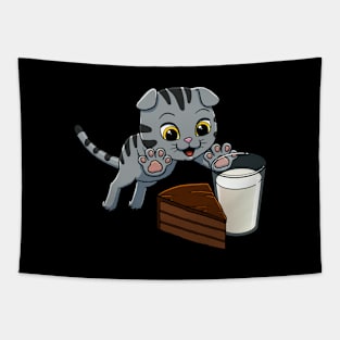 Scottish Fold Cat excited to have Chocolate Cake with Milk Tapestry