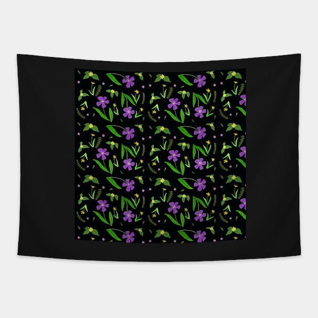 Gouache Purple and Yellow Flower Pattern with a black background Tapestry by Sandraartist