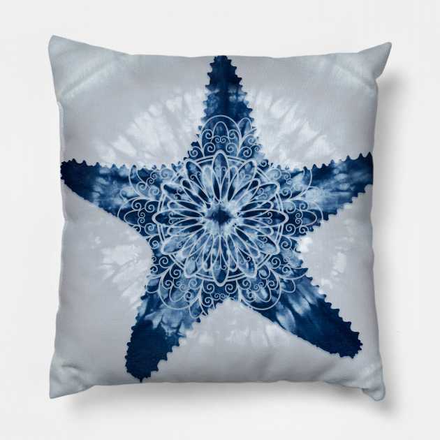 Starfish Mandala Indigo Blue Tie Dye Pillow by LittleBean