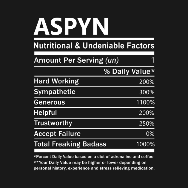 Aspyn Name T Shirt - Aspyn Nutritional and Undeniable Name Factors Gift Item Tee by nikitak4um