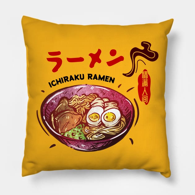 Spicy Ramen Bowl of Ichiraku Ramen Noodles Japanese Retro Foodie Pillow by Mochabonk