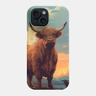 Highland Cattle Sunset Retro Art | Vintage-Inspired Landscape with Scottish Cows Phone Case