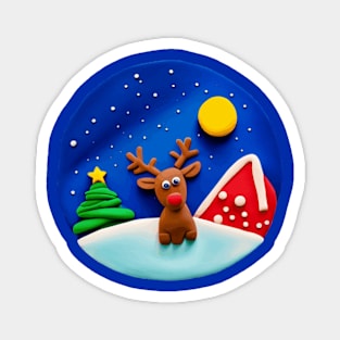 Cute Reindeer and Christmas Tree Snowy Winter Night Magnet