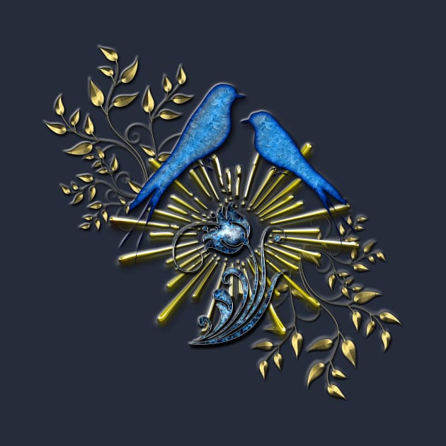 Bluebird Floral Accented Golden Art by RobertRoland