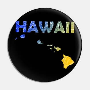 Colorful mandala art map of Hawaii with text in blue and yellow Pin