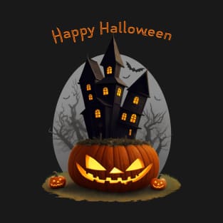 Hunted mansion on a huge Halloween pumpkin T-Shirt