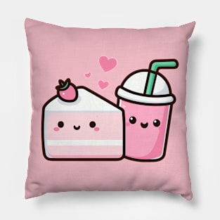 Kawaii Strawberry Lovers Gift | Cute Kawaii Strawberry Cake and Milkshake in Love Pillow