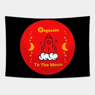 Dogecoin to the Moon and Stars Red Background Tapestry