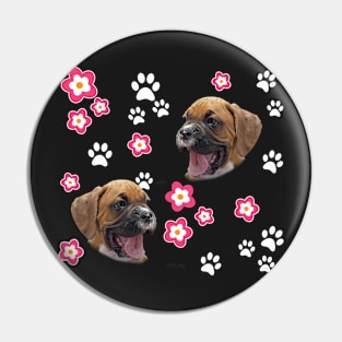 Cute Boxer Puppy, on Teal Green with Flowers Pin