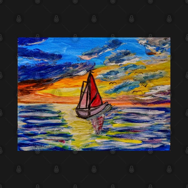 landscape painting of a boat out sailing at sunset by kkartwork