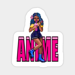 Cute Kawaii black Girl with bubble tea, African American, Black cartoon, pink text anime, game character girl Magnet