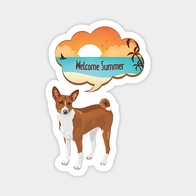 Basenji Dog with Welcome Summer Beach Sunset Bubble Magnet by Seasonal Dogs