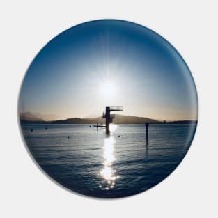 Sun, spring tower, lake / Swiss Artwork Photography Pin