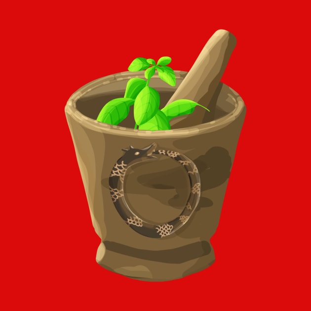 Wooden mortar with Ouroboros decoration and basil by Amalus-files