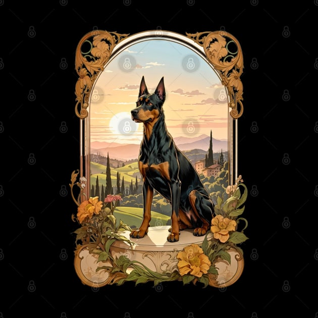 Doberman Dog in Tuscany at sunset retro vintage design by Neon City Bazaar