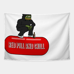 Squatting Pepe Red Pill and Chill Tapestry