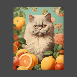 Vintage Persian Cat Collage Surrounded by Citrus Fruit - Unique Cat Art T-Shirt