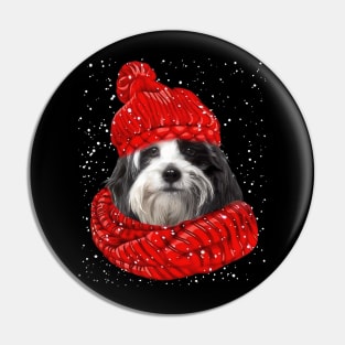 Tibetan Terrier Wearing Red Hat And Scarf Christmas Pin