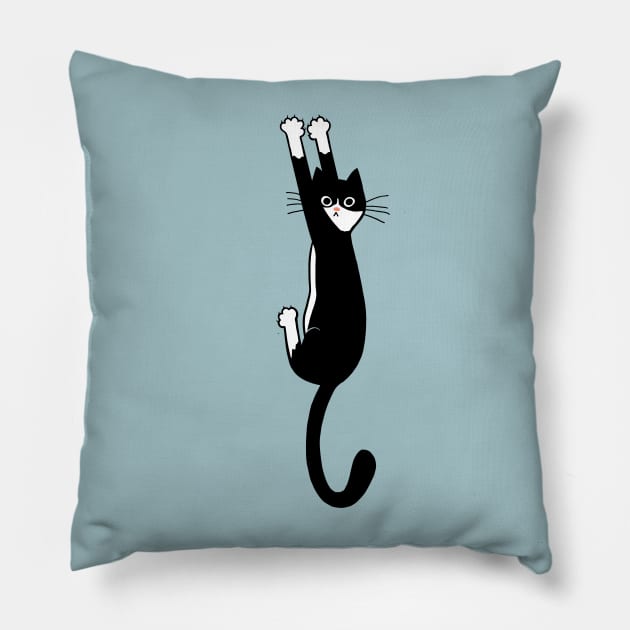 Black and White Cat Hanging On | Funny Tuxedo Cat Pillow by Coffee Squirrel