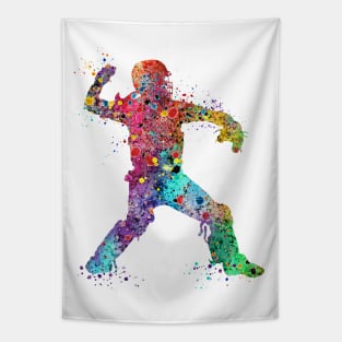 Baseball Girl Catcher Softball Player Watercolor Silhouette Tapestry