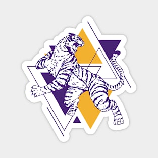 Retro Purple & Gold Tiger on the Attack // Vintage Geometric Shapes Background Magnet