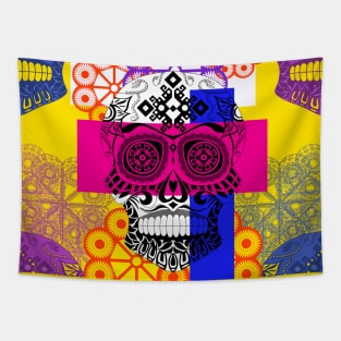 skull o mania in ñanduti patterns, with lovely and smiley catrinas Tapestry