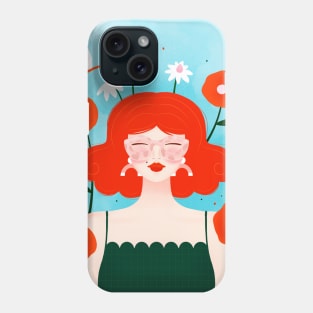 Happy girl with flowers and dragonflies, version 1 Phone Case