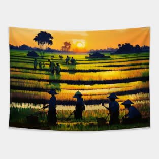 [AI Art] Sunset field workers Tapestry