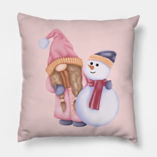 Cute Gnome Girl And Snowman Pillow