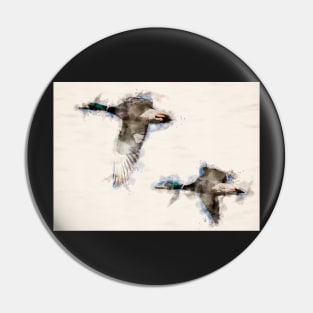 A Pair of Flying Mallard Ducks in Watercolor Pin