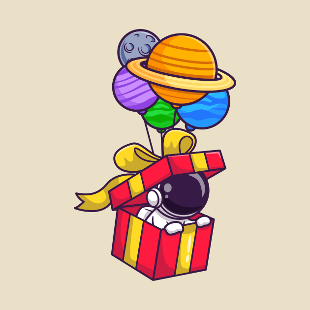 Cute Astronaut In Box Floating With Planet Balloon Cartoon by Catalyst Labs