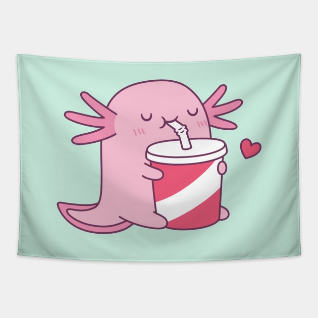 Cute Axolotl Loves Drinking Soda Tapestry by rustydoodle