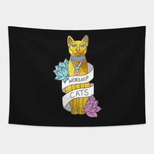 Worship Cats Kitten Sphynx Egyptian Typography Gold Meme Print Tapestry