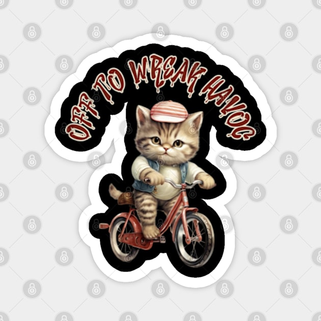 Off to Wreak Havoc Vintage Cat on Bicycle Funny Sarcasm Magnet by Lavender Celeste