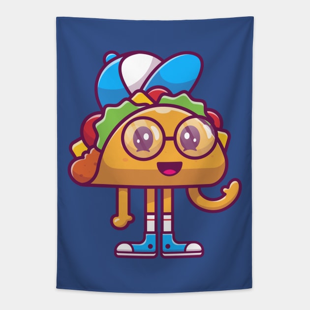 Cute Taco Kid Wearing Hat And Glasess Cartoon Tapestry by Catalyst Labs