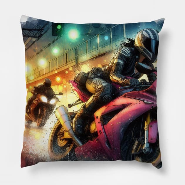 Artistic illustration of motorcycle racing Pillow by WelshDesigns