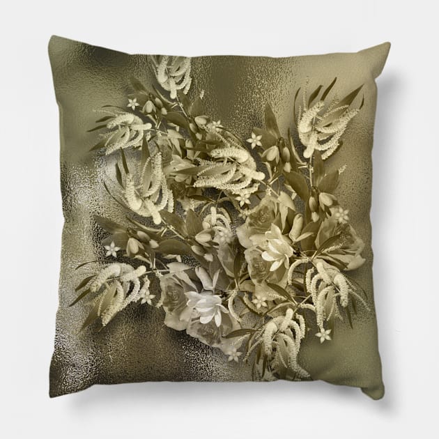 Flower bouquet in rippled gold Pillow by hereswendy