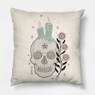 Skull with flower and candles - line art -earthy tones Pillow