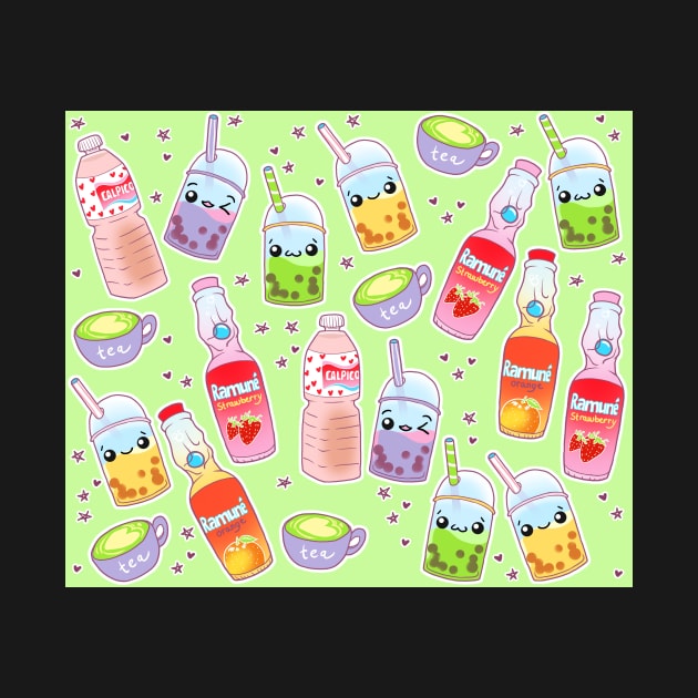 Colorful Kawaii Drinks on Green by FrostedSoSweet