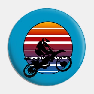 Motor X Silhouette Dirt Bike Against Retro Sunset Pin