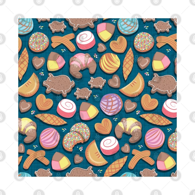 Mexican Sweet Bakery Frenzy // pattern // turquoise background pastel colors pan dulce by SelmaCardoso