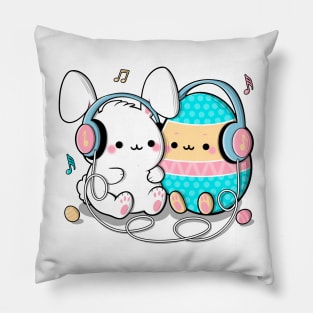 Cute bunny and big egg illustration with headphones listening to music, Best friends clipart Pillow