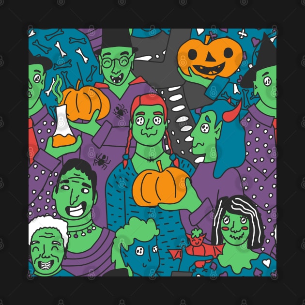 Halloween party of green skin people seamless pattern. Vector illustration of zombies in costumes with strange eyes by essskina