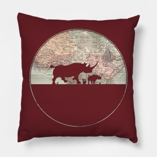 Black Rhino family cut from an 1892 Map of Africa Pillow