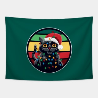 Cute Black Cat Tangled in Christmas Lights - Retro Style T-Shirt Tapestry