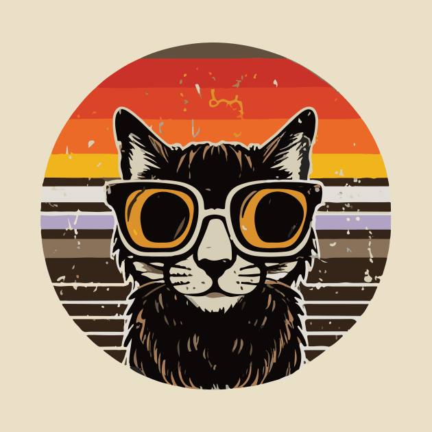 vintage brown a black cat in glasses, retro sunset by Diwa