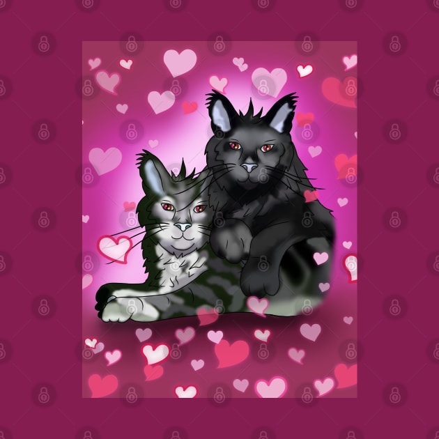 Black maine coon cat brothers with pink hearts by cuisinecat